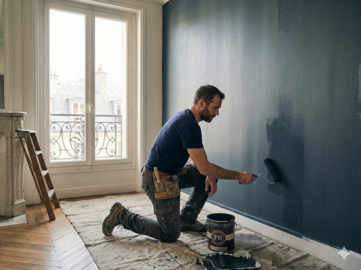 Artisan peintre Peinture Dijon appliquant une peinture bleu profond au rouleau dans un salon ancien dijonnais